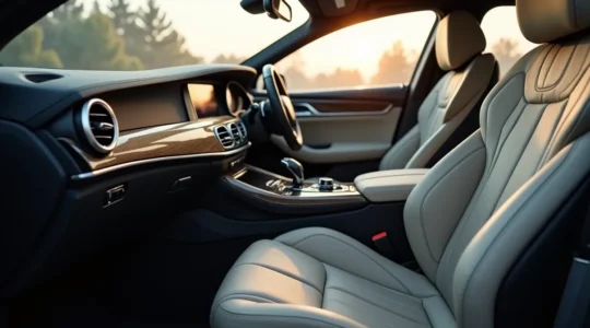 Intérieur de voiture aux surfaces propres et brillantes, avec cuirs nourris, plastiques reluisants et sièges d'un blanc immaculé