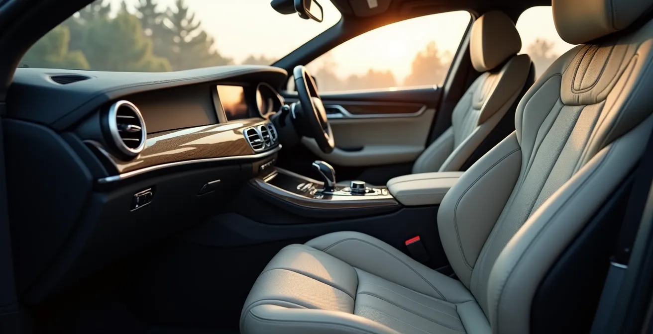 Intérieur de voiture aux surfaces propres et brillantes, avec cuirs nourris, plastiques reluisants et sièges d'un blanc immaculé