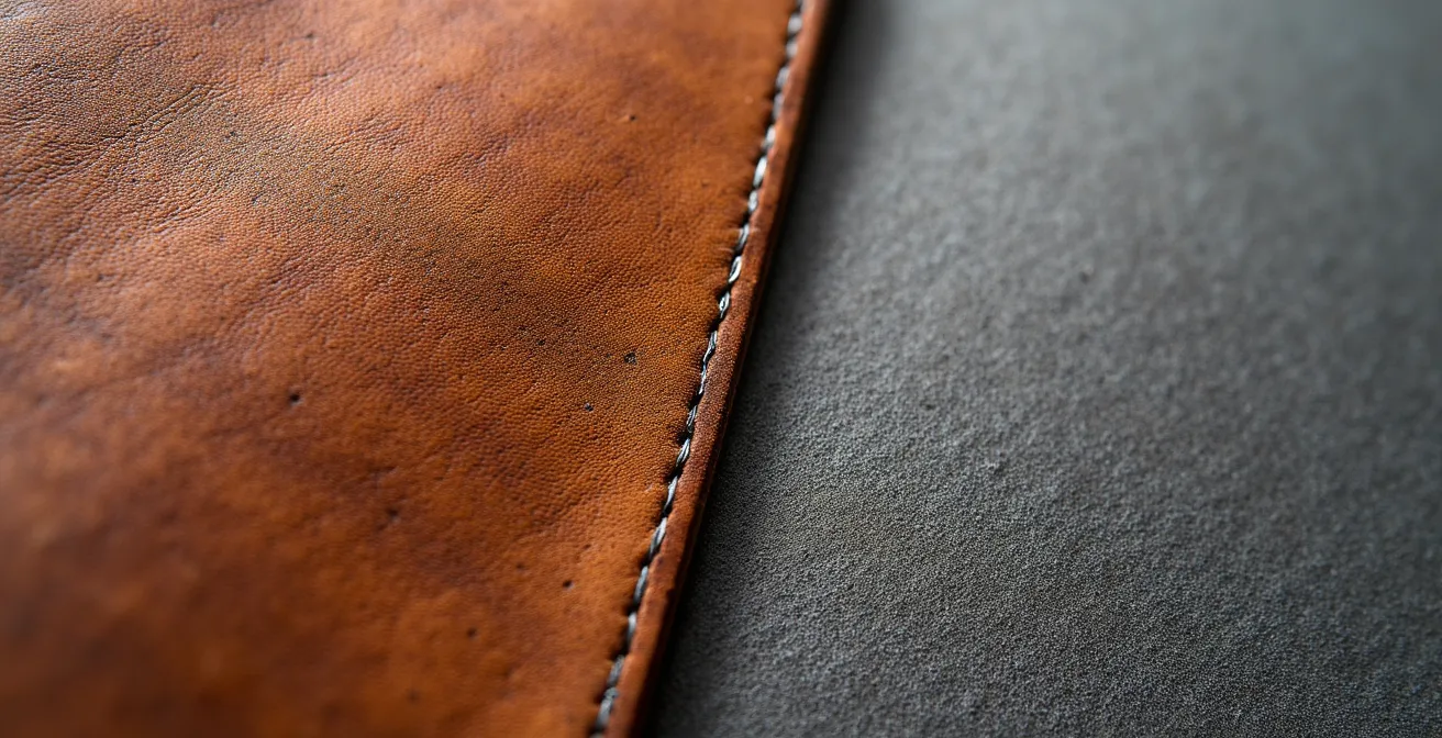Gros plan macroscopique montrant les fibres fines du cuir et l'alcantara, avec textures détaillées et micro-géométrie