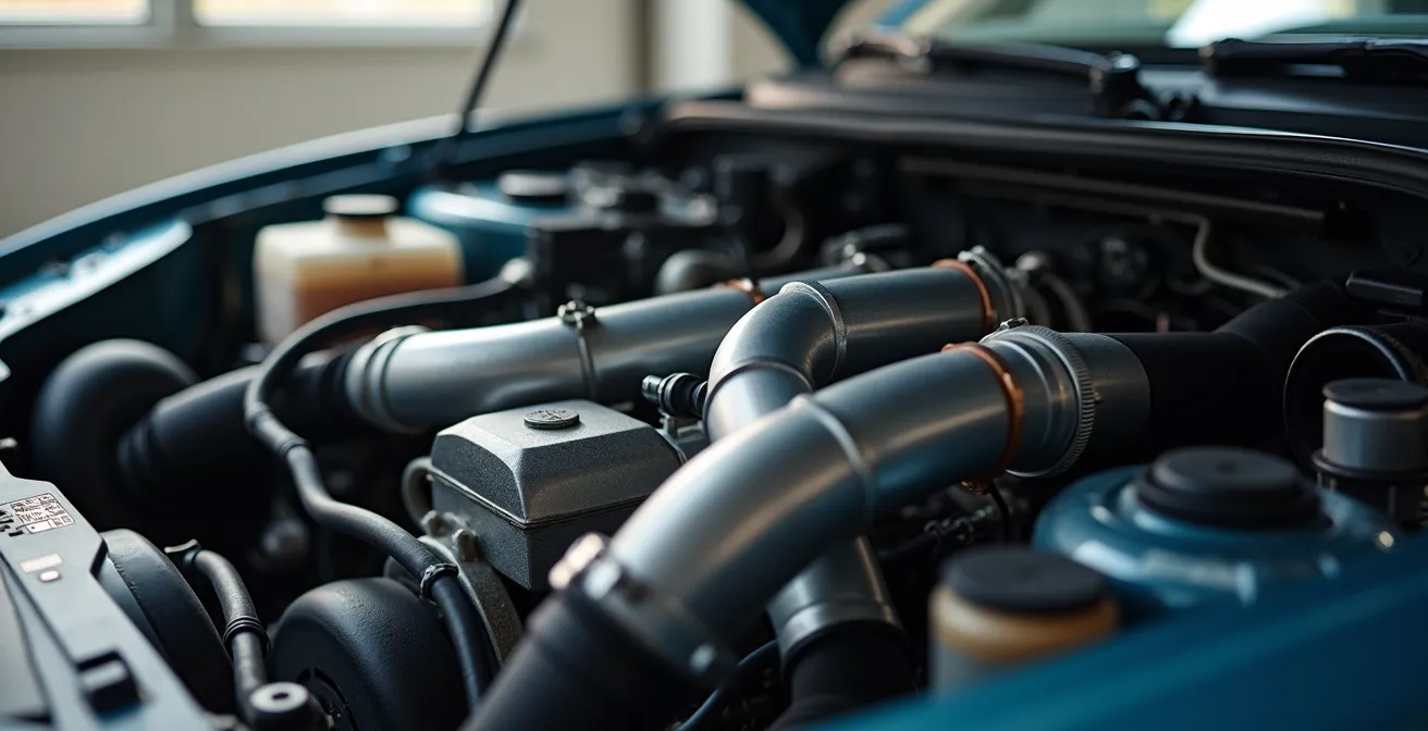 Gros plan sur les tuyaux et raccords du circuit de climatisation sous un capot de voiture