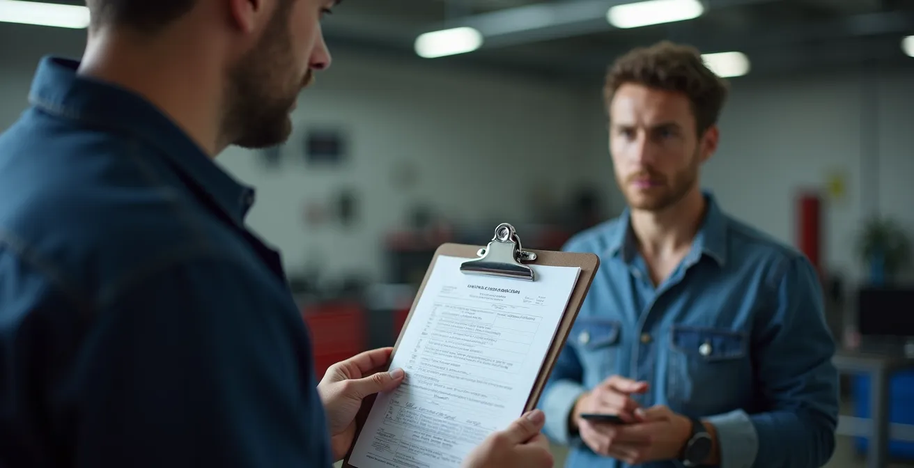 Garagiste présentant un diagnostic rapide avec expression préoccupée