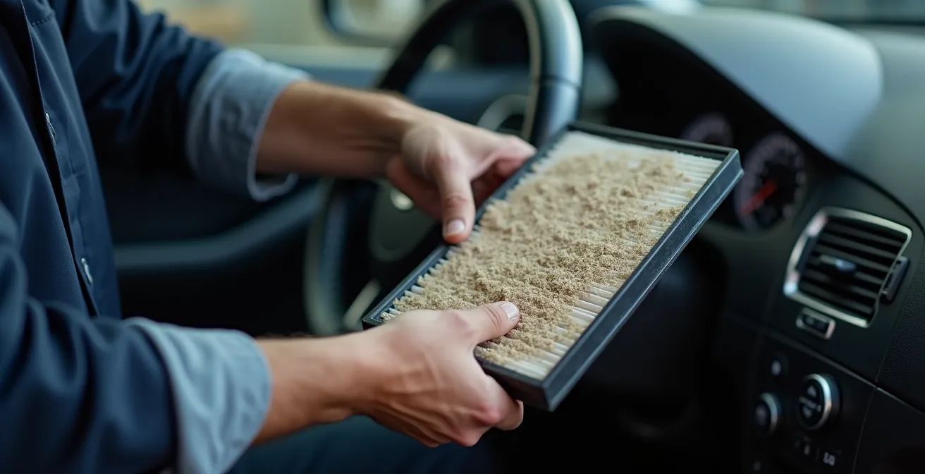 Mains d'un mécanicien remplaçant un filtre d'habitacle dans une voiture
