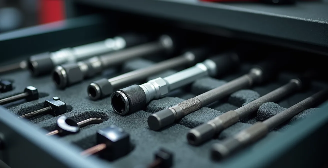 Outillage professionnel rangé méthodiquement dans un atelier automobile