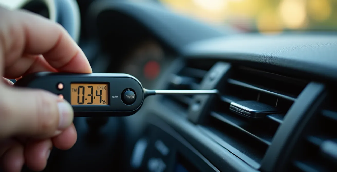 Thermomètre numérique inséré dans une bouche d'aération centrale de véhicule